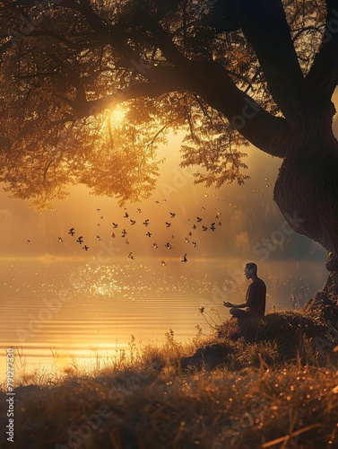 A tranquil scene of someone meditating with love.