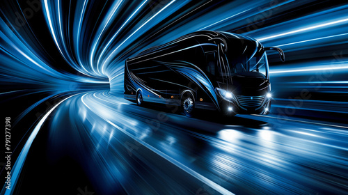 A bus is driving down a road with a blue tunnel in the background. The tunnel is illuminated, creating a sense of motion and excitement. The bus is the main focus of the image