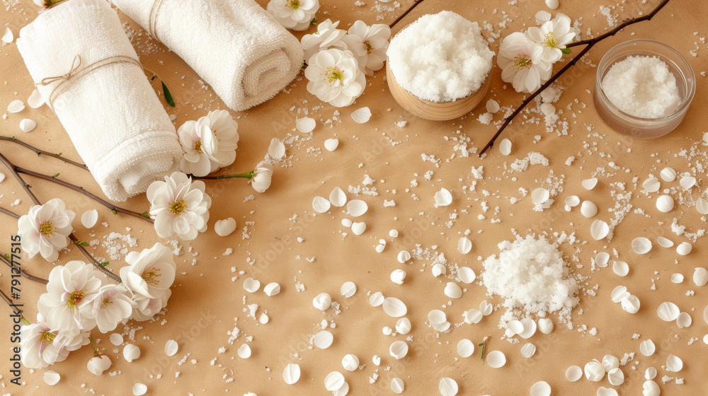 A table with white towels, flowers, and salt