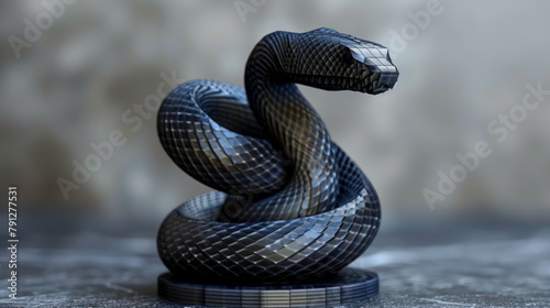 A black snake sculpture is sitting on a grey surface. The snake is curled up and he is resting. The sculpture is made of metal and has a shiny, reflective surface