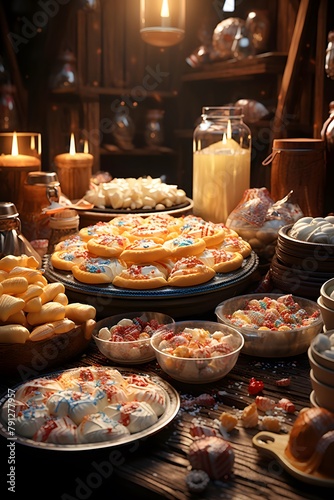 Variety of sweets and candies on the table in a restaurant