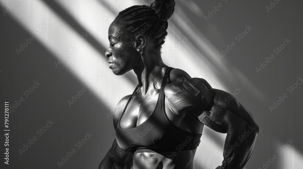 The angular shadows on her toned arms create a visually striking contrast to the subtle curves of her muscles. . The angular shadows on her toned arms create a visually striking contrast to the subtle curves of her muscles. .