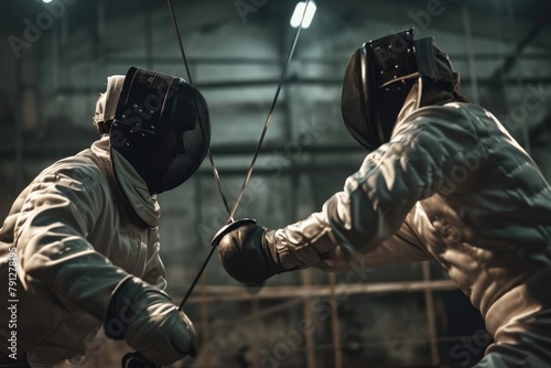 Intense fencing duel between skilled opponents,Two professional fencers foil swords dueling each other,  Ai generated photo