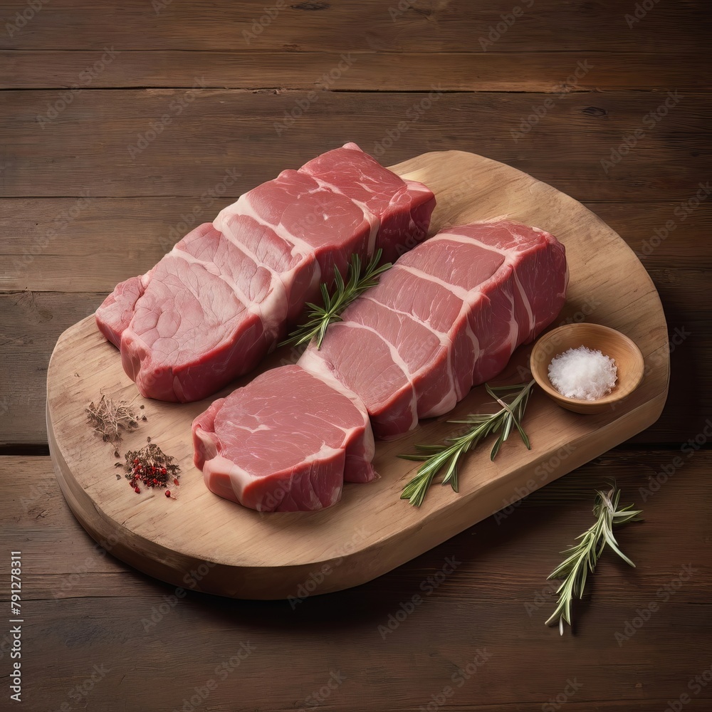 Raw meat placed on a rustic wooden surface with a transparent background, highlighting the natural and organic qualities