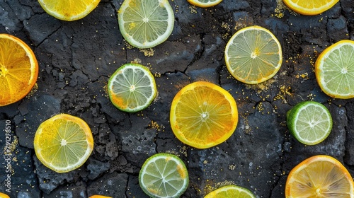 Sugared lime and lemon slices arranged on the ground