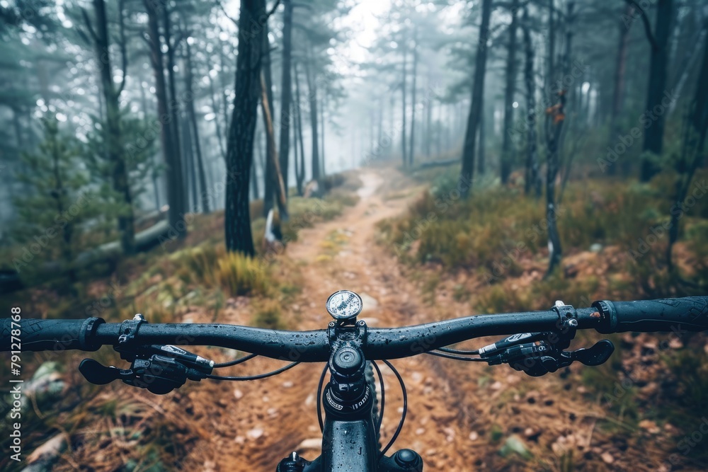 Intense mountain biking through a forest trail, Mountain biker rides through forest at sunset, Ai generated