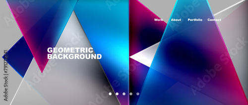 An electric blue and violet geometric background featuring azure and magenta triangles on a gray rectangle. The design showcases symmetry and material properties