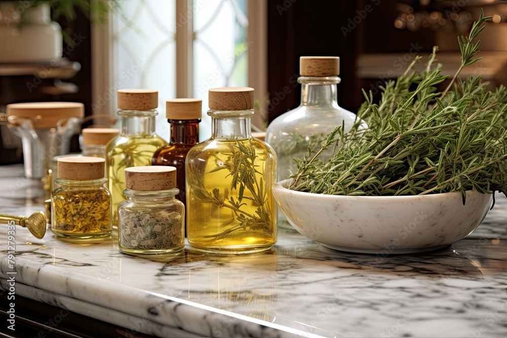 Apothecary Style Herb Kitchen Designs: Herb-Infused Oils & Marble Countertop Display Apothecary Style Herb Kitchen Designs: Herb-Infused Oils & Marble Countertop Display