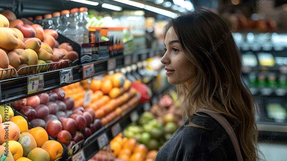 Woman shopping for discounted healthy fruit juice brand at a grocery store. Concept Grocery Shopping, Healthy Choices, Discounted Products, Fruit Juice, Shopping Strategies
