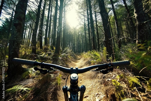 Intense mountain biking through a forest trail, Low angle photo of mountain biker jumping in forestAi generated photo