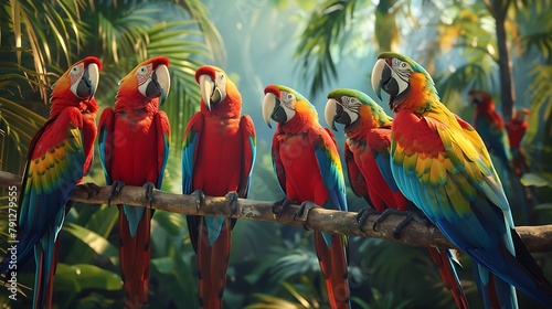 A group of macaws perched on branches, their vibrant feathers creating a kaleidoscope of colors against a tropical backdrop © SHAPTOS