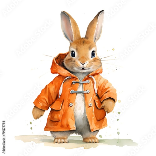 Rabbit in raincoat. Watercolor hand drawn illustration on white background