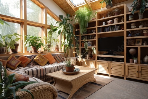 Eco-Friendly Earthship Living Room: Off-Grid Entertainment Unit with Sisal Area Rugs