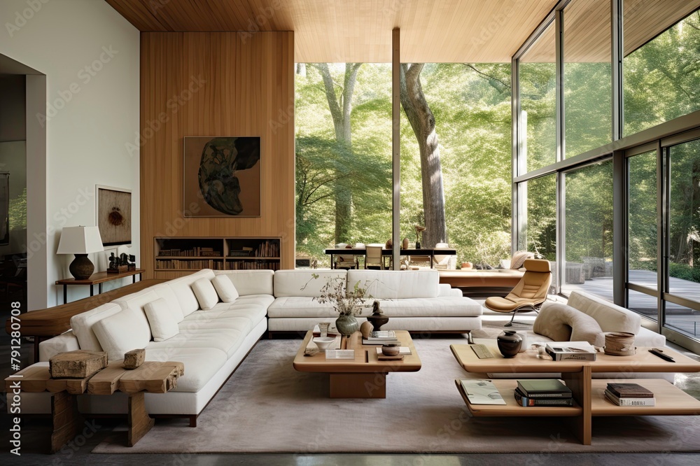 Fototapeta premium Warm Wooden Interior with Large Windows and Greenery
