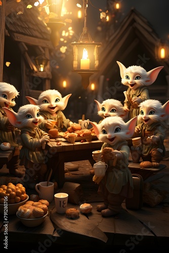 3d rendering of a fairy tale scene with a group of foxes