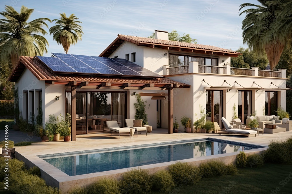 Fototapeta premium Modern Sustainable Home with Solar Panels and Pool