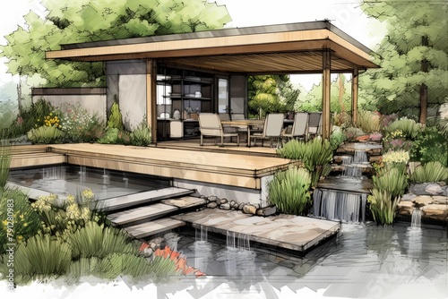 Floating Waterfall Garden Oasis: Outdoor Seating with Tranquil Vistas