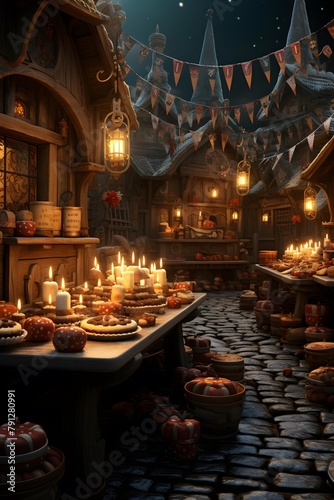 3d illustration of a fantasy medieval village with a lot of candles