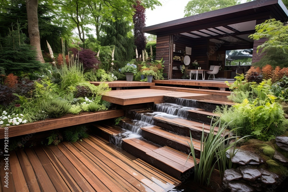 Fototapeta premium Floating Waterfall Garden: Wood Deck and Viewing Platforms - Enchanting Features