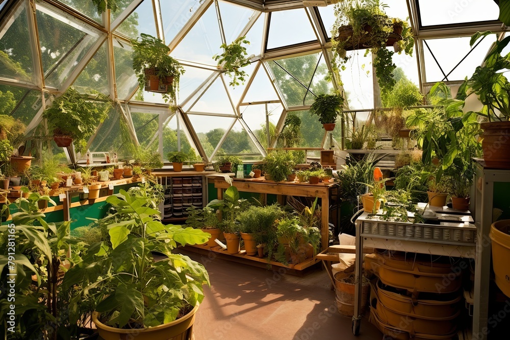 Aquaponics Setup in Geodesic Dome Greenhouse: Lush Greenery Inspiration