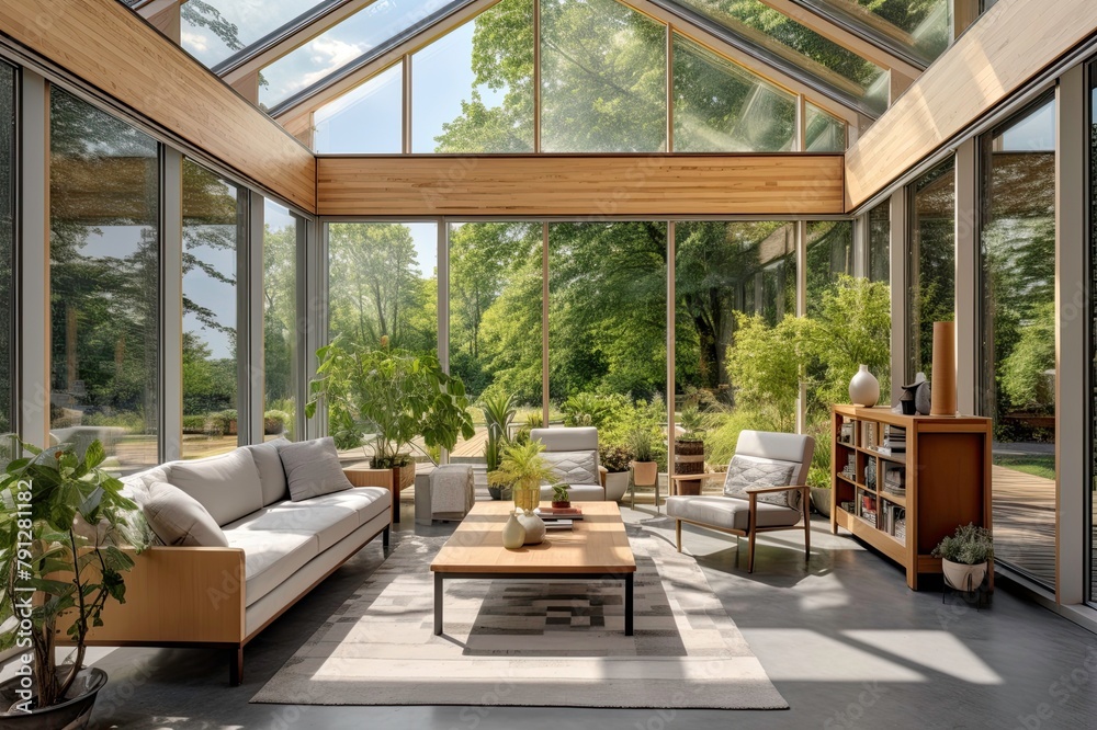 Fototapeta premium Glasshouse Living Room with Forest View