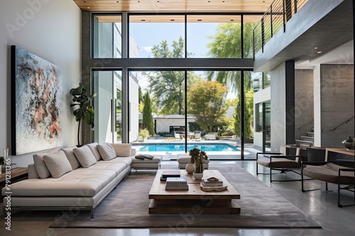 Stylish Luxurious Living Room with Poolside View