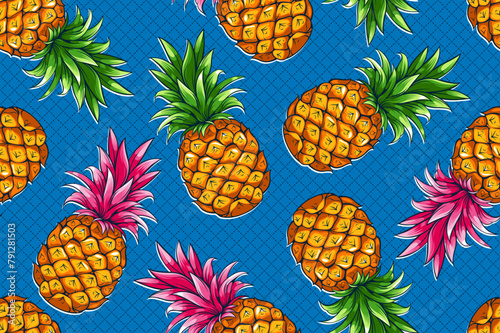 Hawaiian Summer Fashion, Pineapple Seamless Pattern background, Abstract Fruit, Tropical Paradise, Artwork for Screen clothes season them, gift wrapping paper or bedsheet