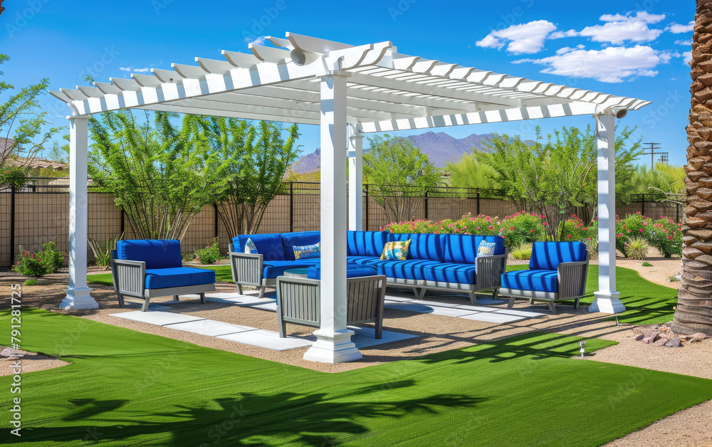 an outdoor patio with blue and white seating, under the shade structure made from light wood and beige color