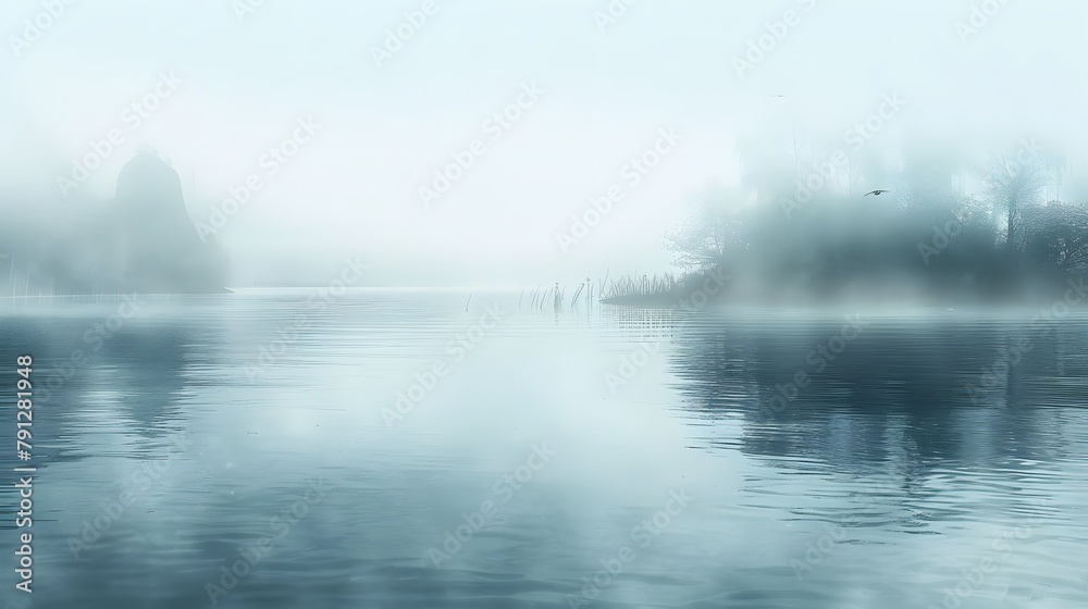 Misty morning scene with fog rising above a serene water body Misty morning scene with fog rising above a serene water body