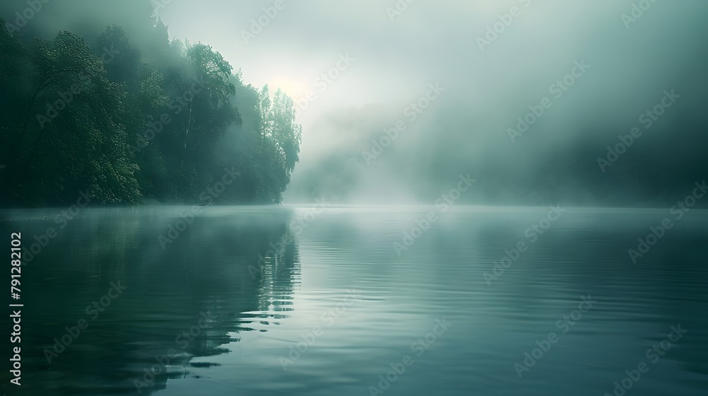 Misty morning scene with fog rising above a serene water body