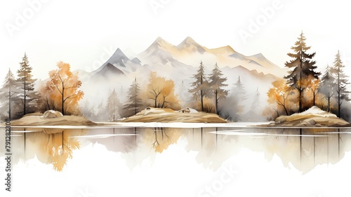 Mountain landscape with lake, forest and mountains. Watercolor illustration. photo