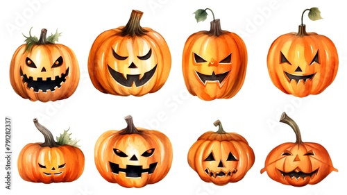 Set of Halloween pumpkins isolated on white background. Watercolor illustration.