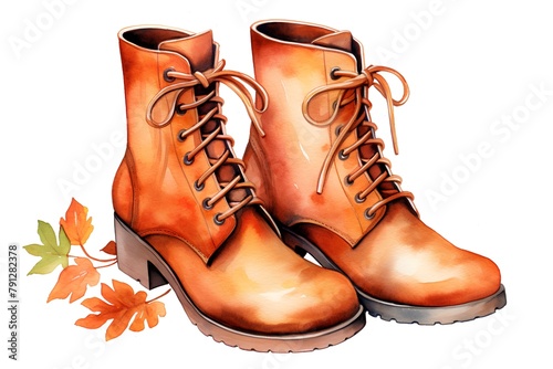Beautiful vector image with nice watercolor hand drawn boots and autumn leaves photo