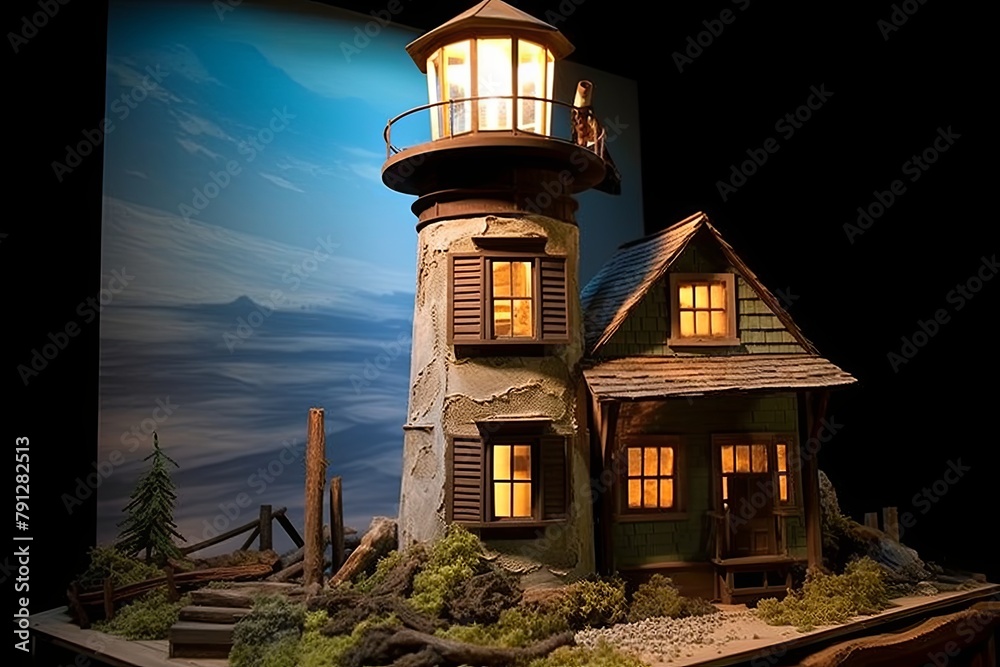 Naklejka premium Lighthouse Model Dream: Ocean View Window in Keeper's Cottage Concept