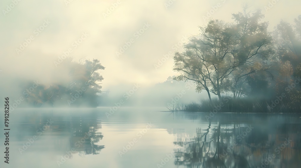 Misty morning scene with fog rising above a serene water body
