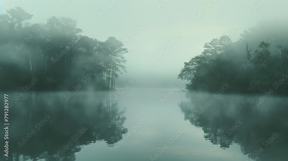 Misty morning scene with fog rising above a serene water body Misty morning scene with fog rising above a serene water body
