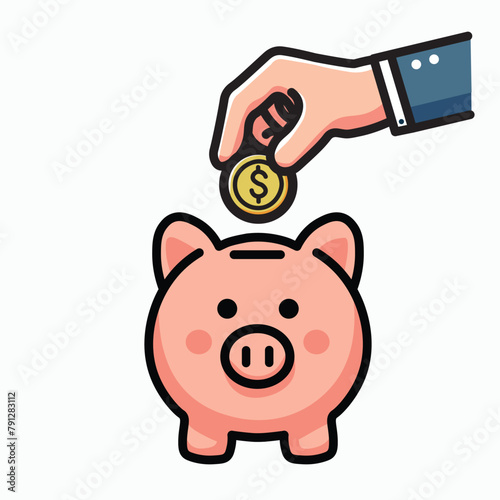 Illustration Vector Graphic Cartoon of Saving Money by Depositing Coins into a Piggy Bank Icon, Symbolizing Financial Planning and Wealth Building 