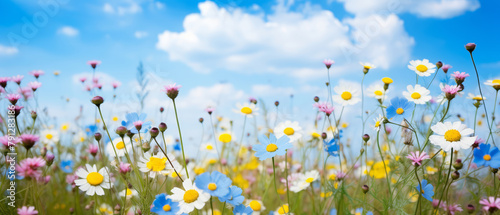 Beautiful meadow close-up of small white, pink and blue daisy blooming flowers on cloudy sky and spring summer day background. Colorful and bright natural pastoral landscape. © cabado