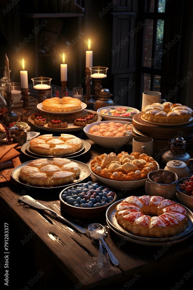 Dessert table in a restaurant with a variety of sweets and desserts