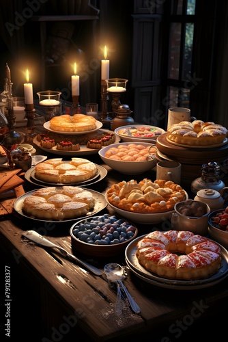 Dessert table in a restaurant with a variety of sweets and desserts