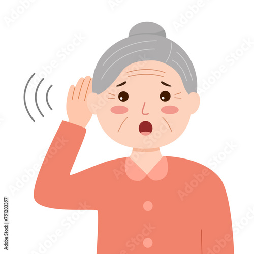 Elderly woman is hard to hear. Senior woman holding her ear to listen. Hearing loss.