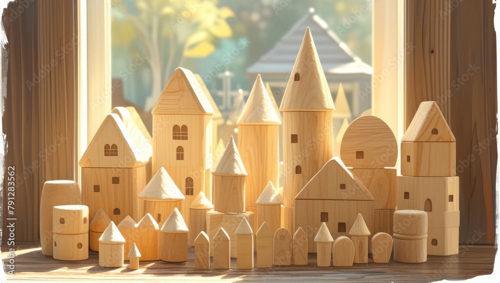Obraz premium Symmetrical Wooden Toy Houses Illuminated by Natural Light in Blurry Urban Background