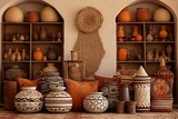 Berber Motifs and Woven Baskets in Moroccan Bazaar Style Living Room D�cor