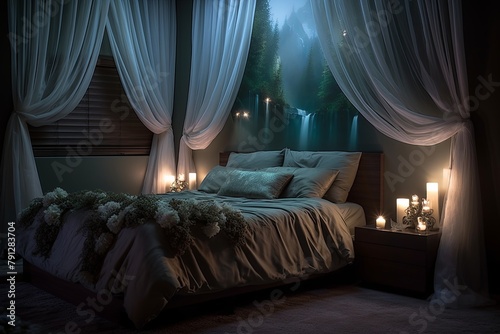 **Moonlight Serenity Bedroom Decors: Sheer Curtains and Gentle Nightstand Lamps**