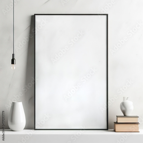 Mocup, white picture, 3D, home interior, big picture on the wall.  photo