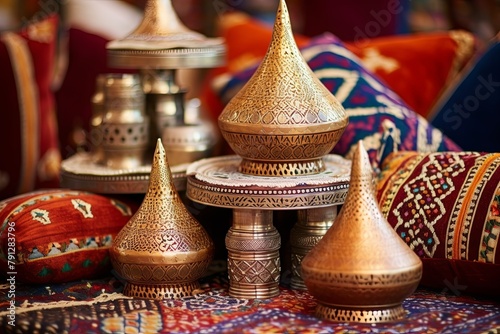 Fez Hat Adorned Moroccan Living Room: Beaded Textiles and Bazaar Vibes photo