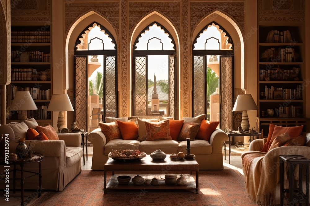 Terracotta Tile Moroccan Bazaar Themed Living Room with Riad-Style Windows