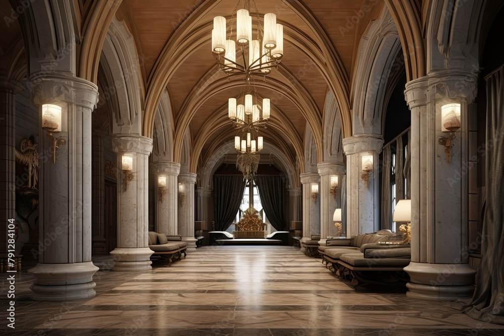 Grand Chandeliers and Stone Columns: Neo-Gothic Castle Foyer Design Concepts