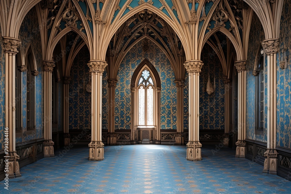 Neo-Gothic Castle Foyer: Fleur-de-lis Fabric Patterns and Grand Entrance Vibe