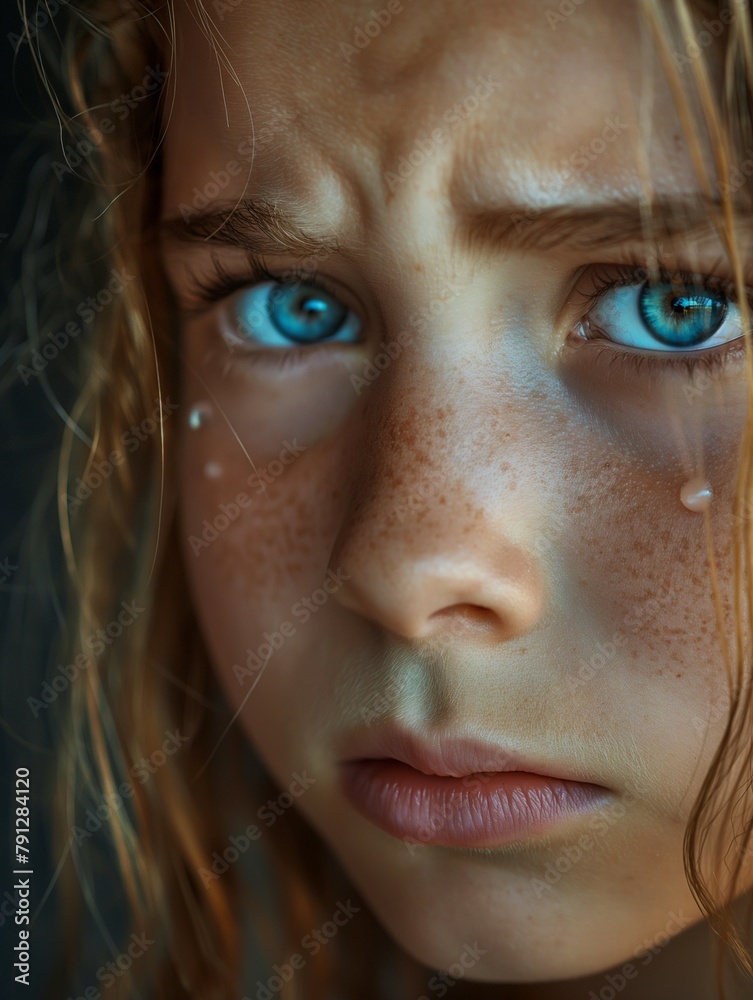 Emotional Distress: Focus on the Tearful Face of a Young Girl, Tears of Sorrow Streaming Down Her Cheeks, Heartbreaking Portrait of Desperation Emotional Distress: Focus on the Tearful Face of a Young Girl, Tears of Sorrow Streaming Down Her Cheeks, Heartbreaking Portrait of Desperation